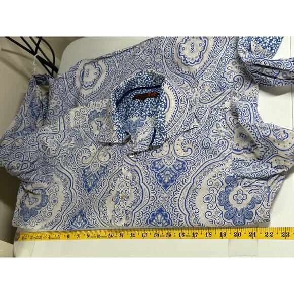 Ted‎ Baker Shirt Mens 16 40.5 Blue Geo Button Up 100% Cotton French Flip Cuffs - Picture 9 of 10